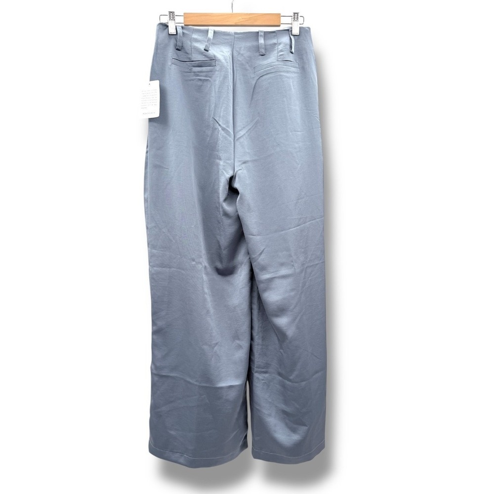 NSR Wide Leg Pleated Pants Women Medium Blue Flowing Elegant Palazzo Satin NWT - Picture 2 of 9
